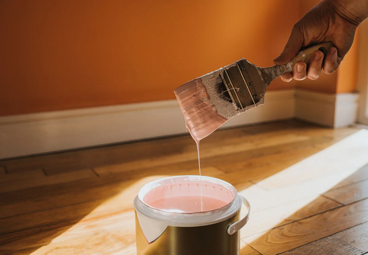 einen pinsel in rosa farbe tauchen um wände einfach zu streichen