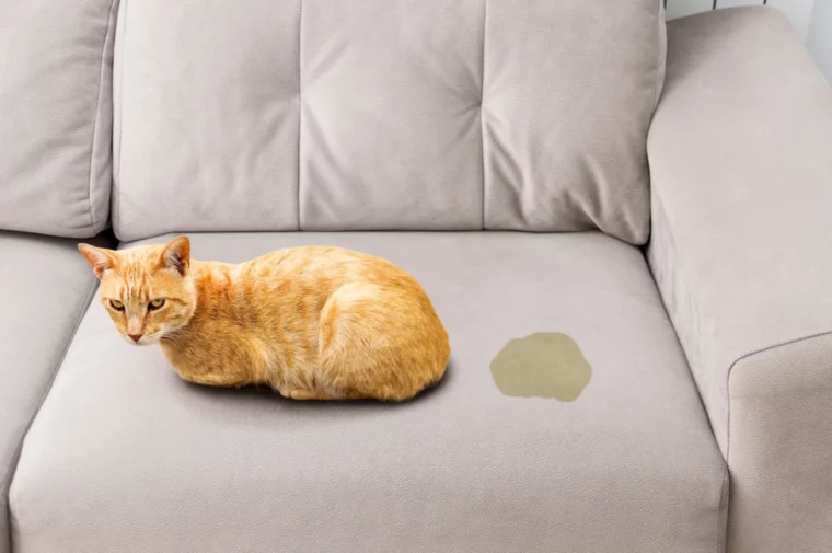 gelbe katze hat auf graue couch gepinkelt