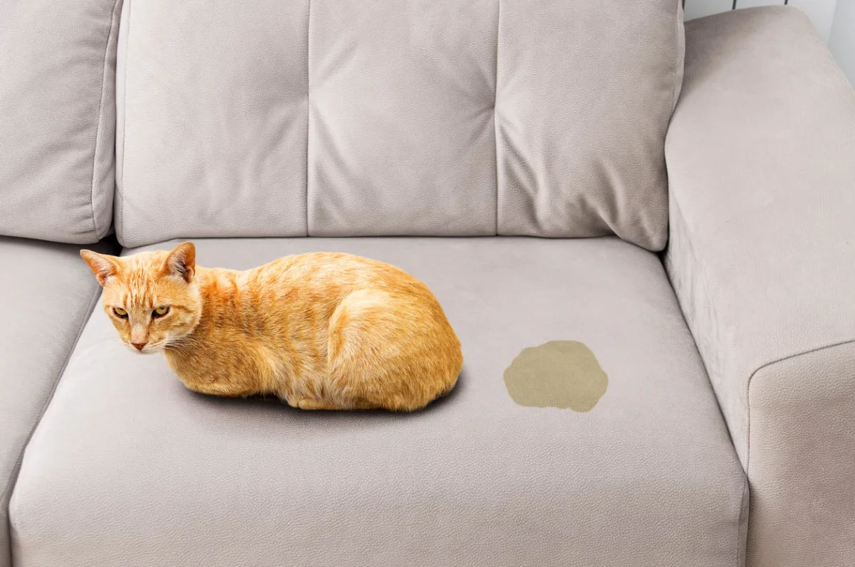 gelbe katze hat auf graue couch gepinkelt