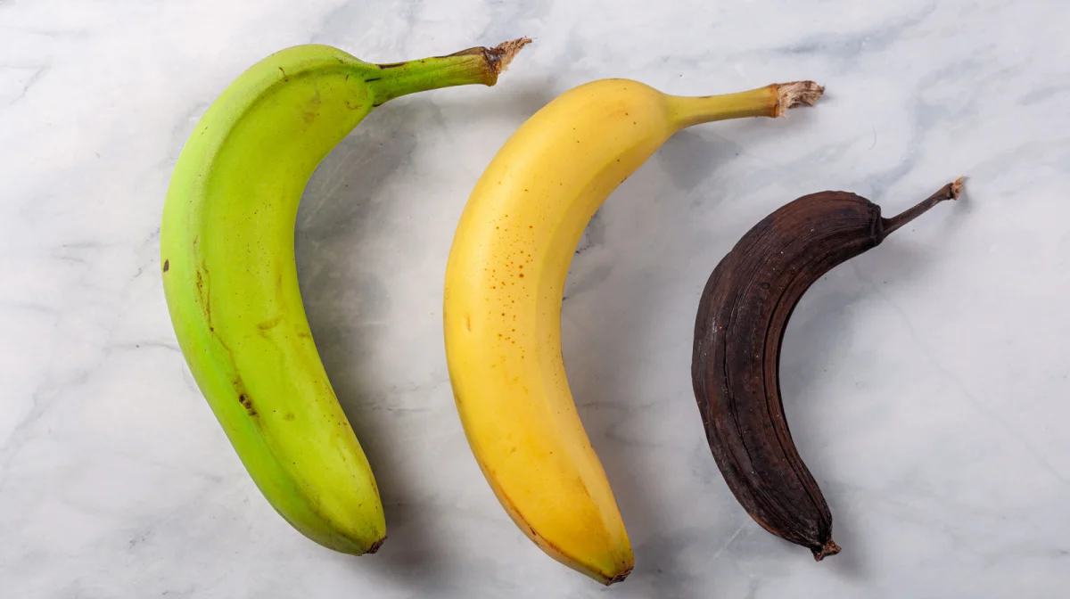 gruene banane gelbe banane und schwarze banane aus ethylen