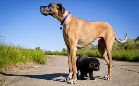 kleiner schwarzer hund steht unter riesigem braunen hund mit lila halsband