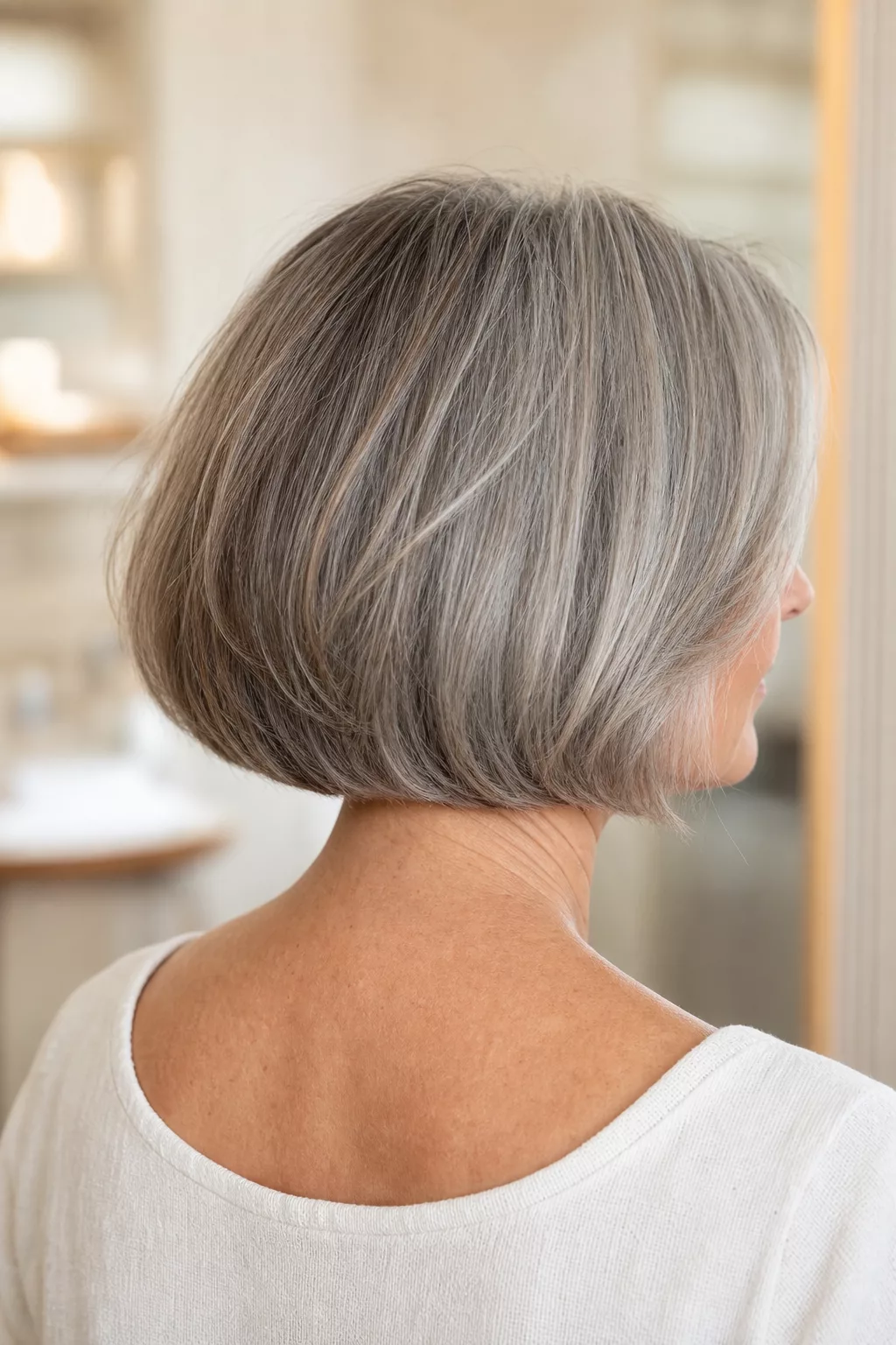 Silbergrauer Bob mit Grey Blending statt komplett gefärbtem Haar