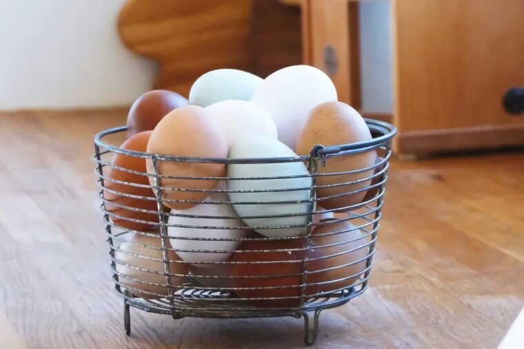 warum eier nicht im karton lagern bei wieviel grad eier lagern frische eier weiss und braun auf dem tisch in einem metalkorb lagern