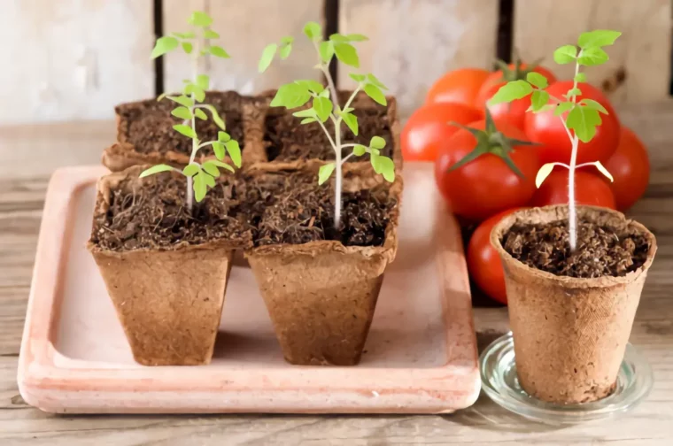 was kann ich jetzt im januar pflanzen aussaat januar februatr toepfe aus pappe mit frischen keimlingen tomaten reife tomaten im hintergrund
