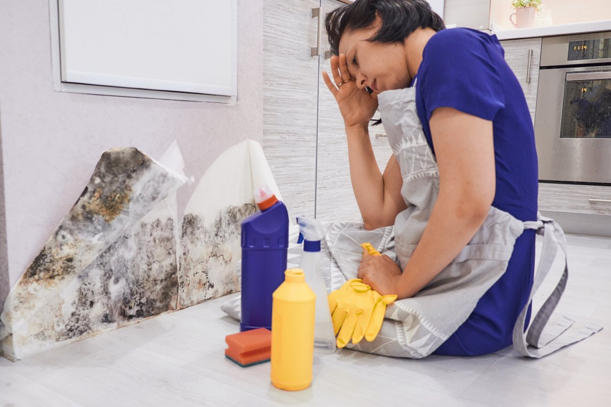 housekeeper's hand with glove cleaning mold from wall with sponge and spray bottle