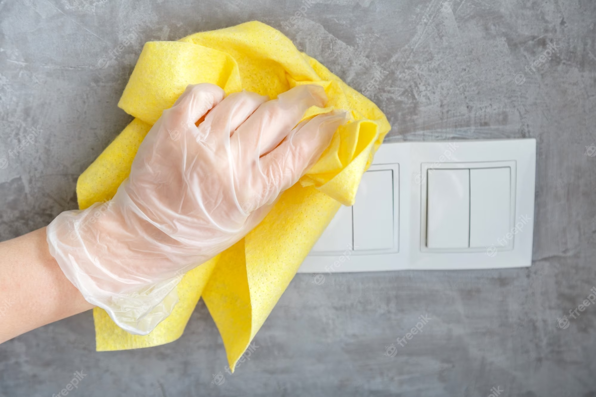 frau mit weißen handschuhen vergilbte lichtschalter mit gelbem handtuch reinigen