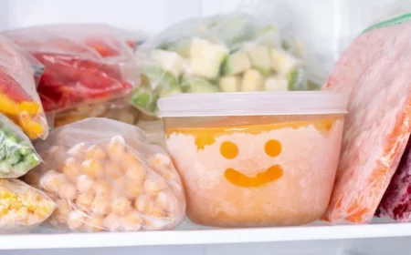 gefrierschrank voll mit gefrorenem gemuese und einem smiley auf einer plastikbox