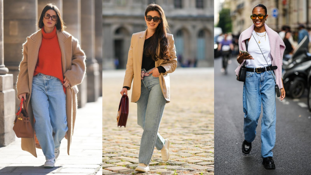 drei bilder von frauen mit stylischen outfits zeigen wie mom jeans kombinieren