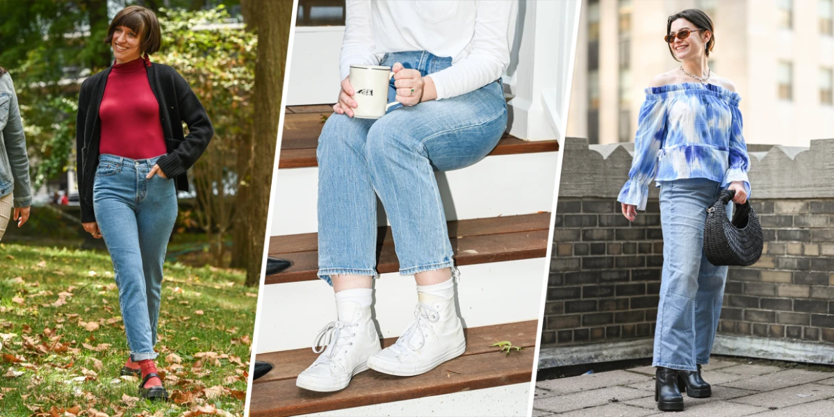 drei fotos von frauen mit bunten mom jeans outfits
