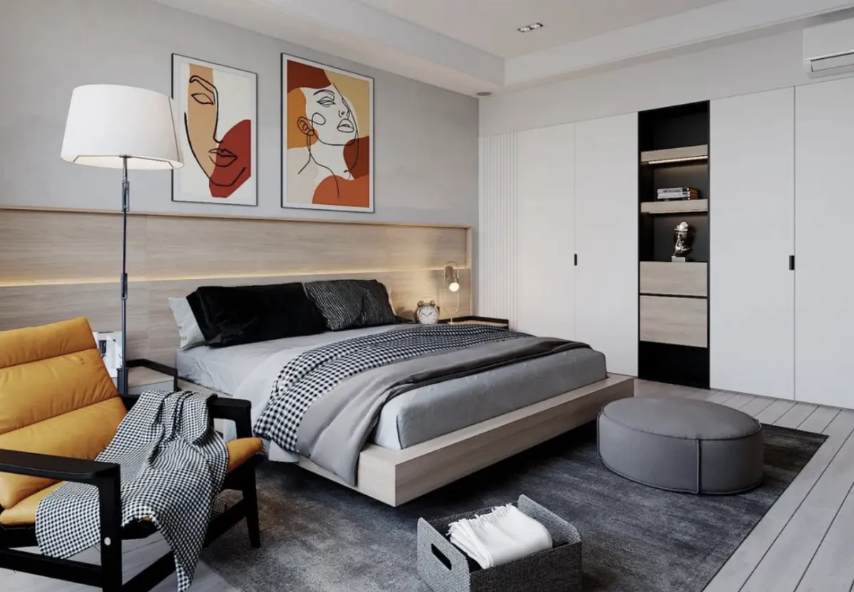 schlafzimmer einrichtung neutrale farben graue bettwäsche