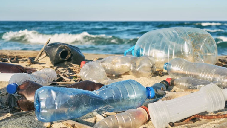 sehr verschmutzter strand voller plastikflaschen