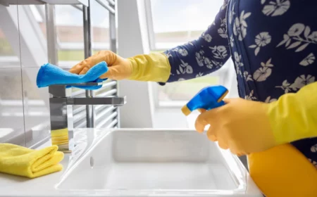 frau mit blauer bluse und gelben gummihandschuhen putzt badezimmer mit blauem handtuch