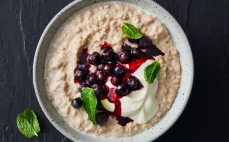 cremiges porridge in weißer schale mit beeren und joghurt und minze