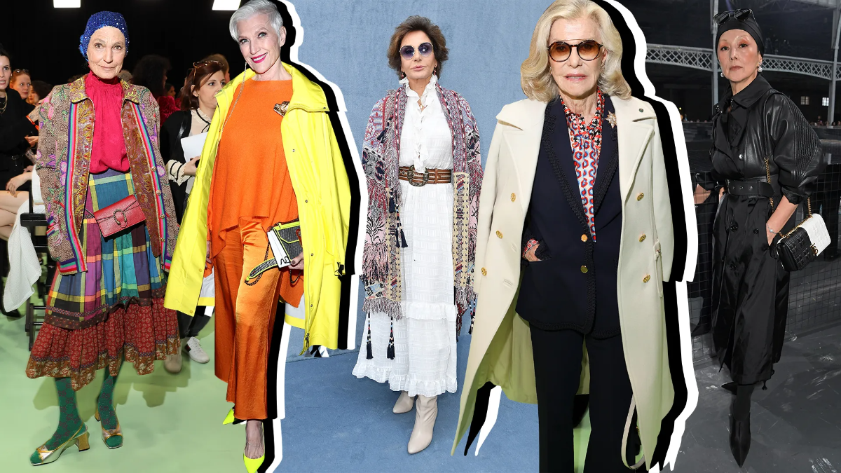 fünf frauen tragen trendige bunte kleidung und zeigen mode für damen ab 60
