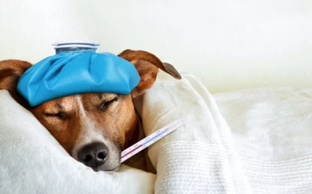 brauner hund im bett liegend mit termometer im maul und blauem handtuch auf dem kopf