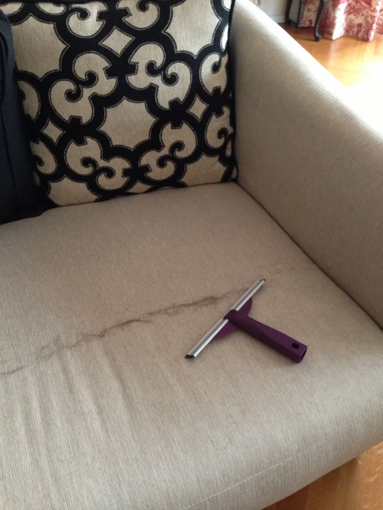 lila gummiwischer auf beiger couch mit entfernten tierhaaren