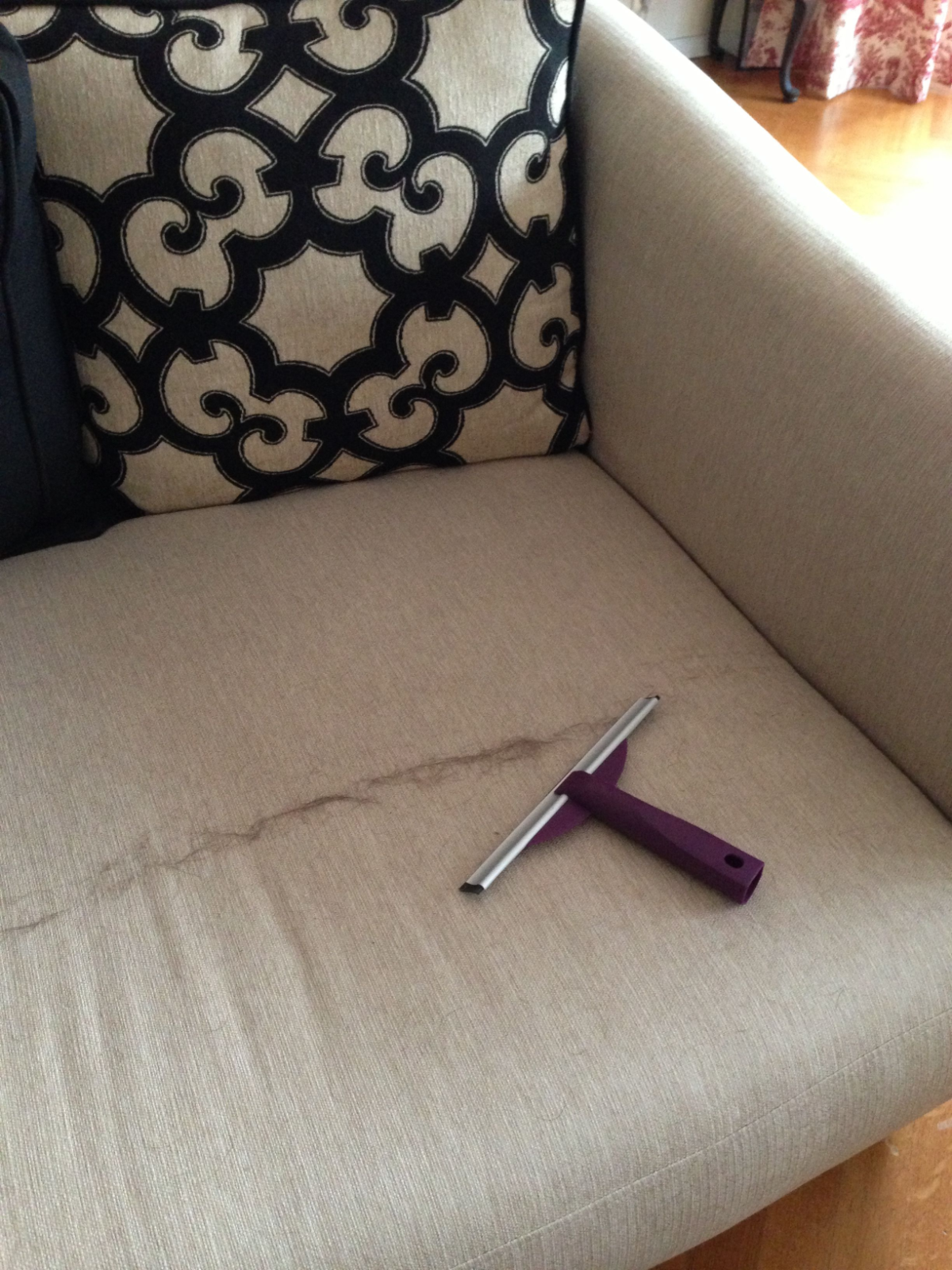 lila gummiwischer auf beiger couch mit entfernten tierhaaren