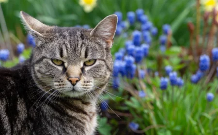 graue katze sitzt neben lavendel und sieht wütend aus