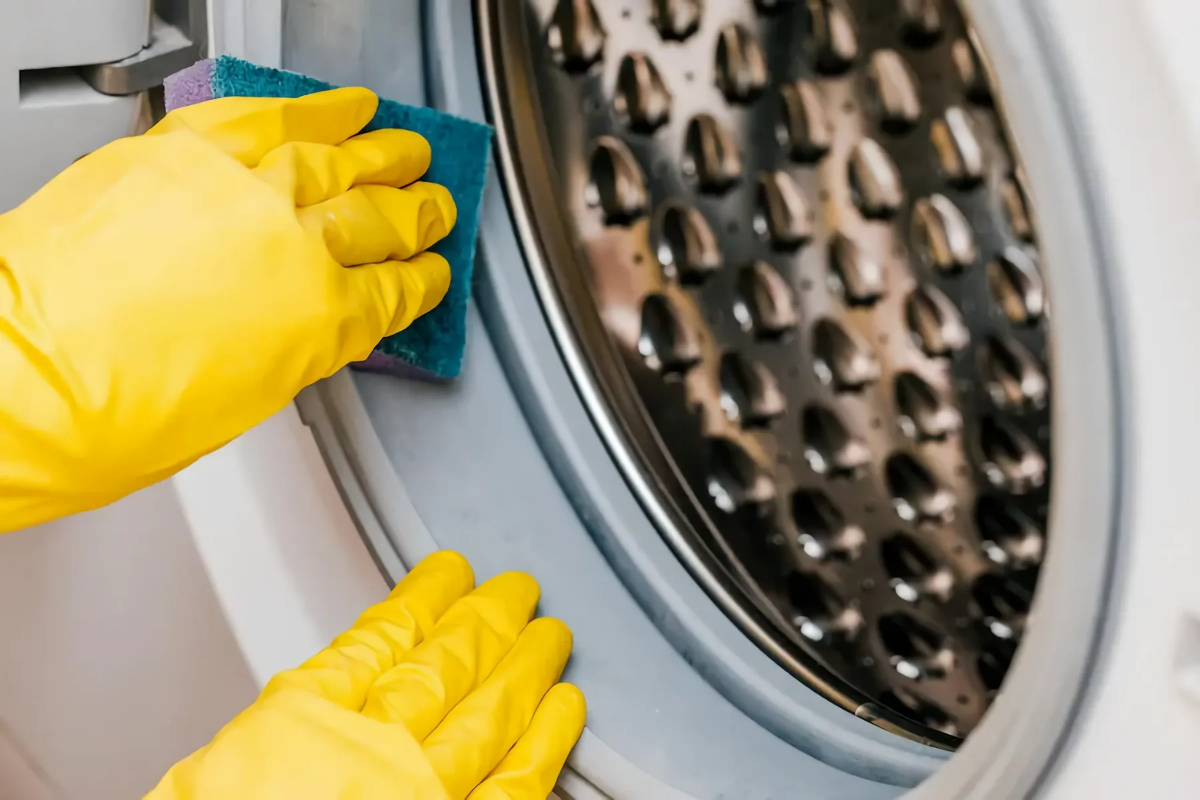 waschmaschine sauber machen gelbe handschuhe reinigungtipp