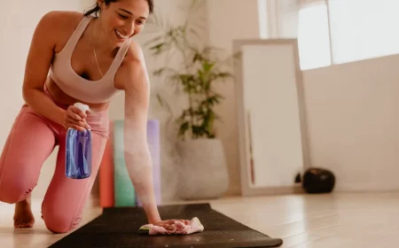 yogamatte reinigen teebaumoel frau reinigt ihre matte mit spruehflashce und weichem tuch