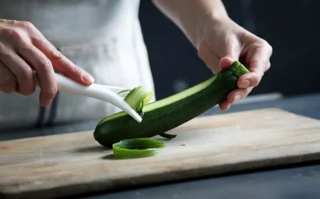 zucchini roh essen als salat man schneidet zucchini mit spiralschneider