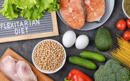 flexitarische ernährung auf dem schild neben lachs und fleisch und eiern und gemüse