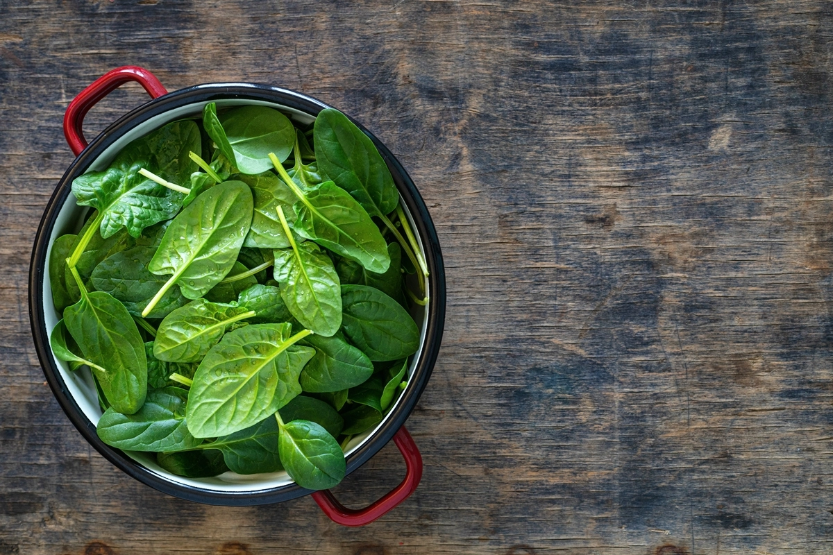 frische spinat in schuessel gruener salat