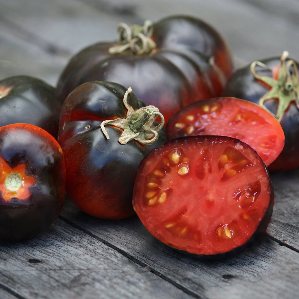 fünf reife schwarze tomaten und eine halbierte und innen rote tomate