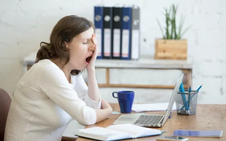 frau mit weißer blus die im büro sitzt und gähnt weil sie müde ist