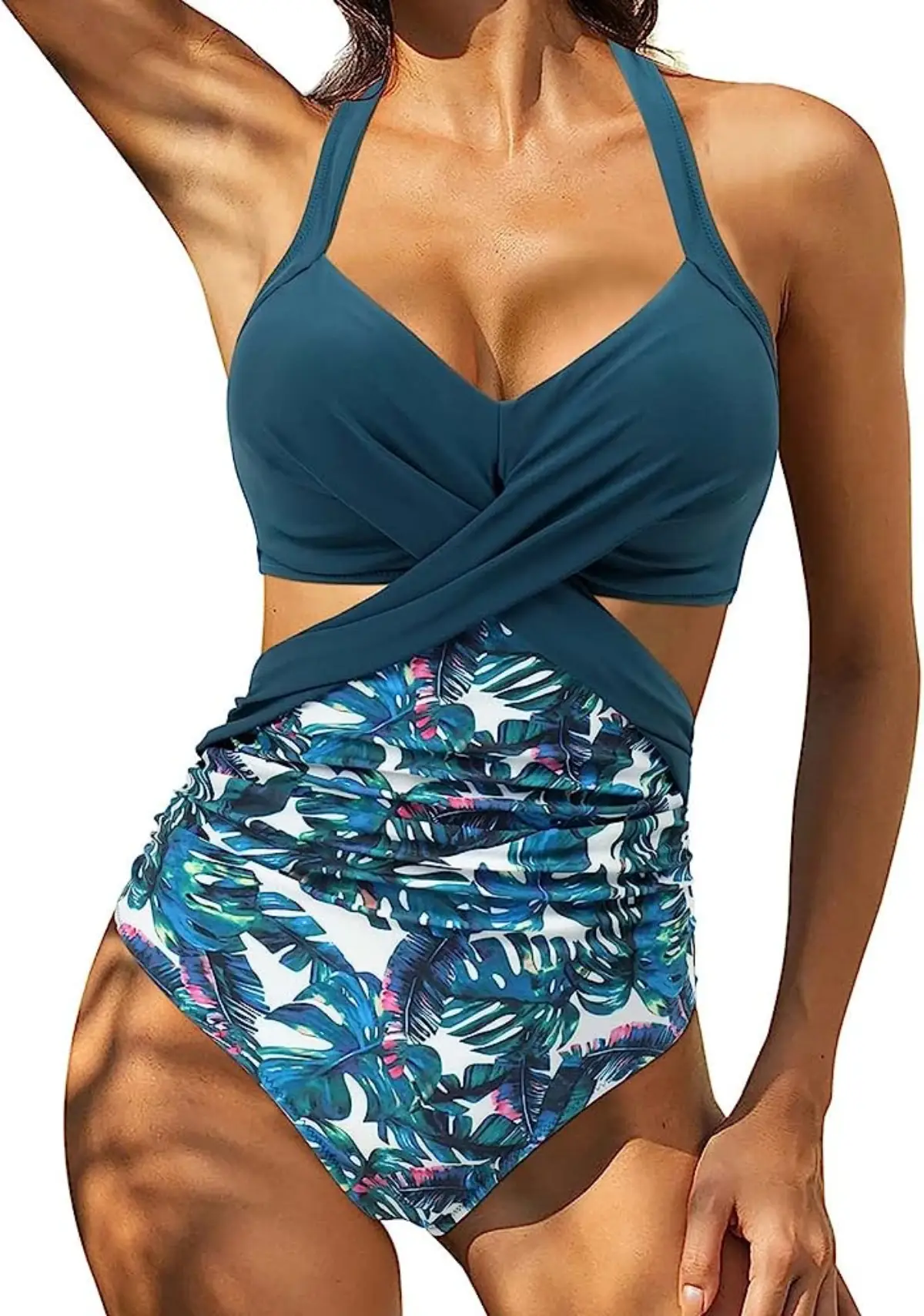 badeanzug figurwunder bikini fuer frauen ab 50 frau mit bauch in badeanzug mit ausschnitt ueber der taille blaue farbe