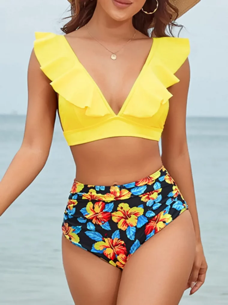 high waist bikini fuer bauch unterteil hohe taille mit floralem muster oberteil gelb mit rueschen