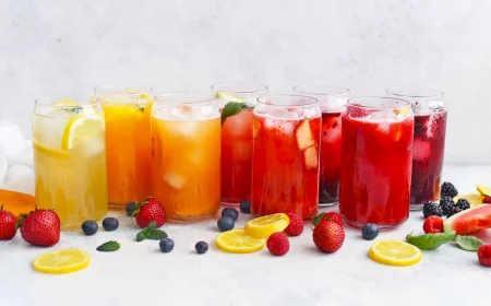 gläser mit verschiedenen hausgemachten limonaden mit verschiedenen früchten