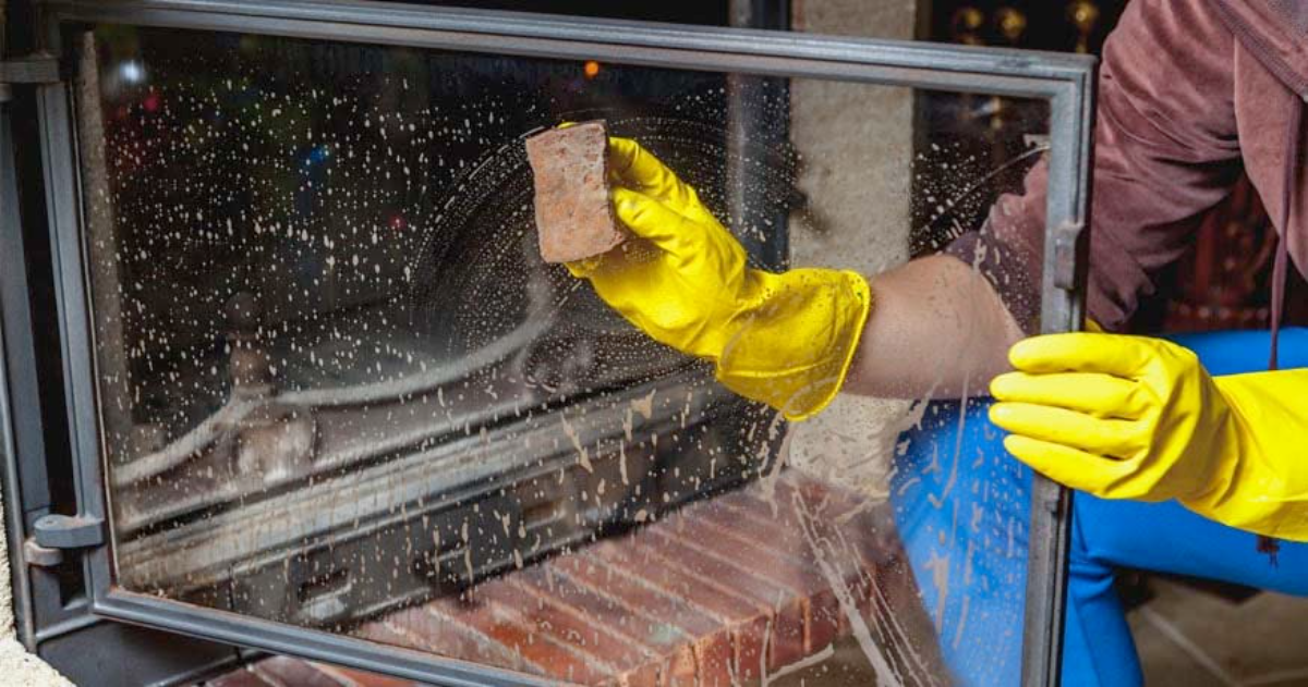 reinigung der kamintür mit gelben handschuhen und ammoniak