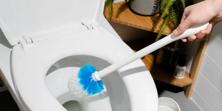 frau hält weiße und blaue toilettenbürste neben der toilette