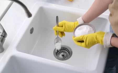 frau mit gelben handschuhen beim reinigen des abflusses mit hausmitteln