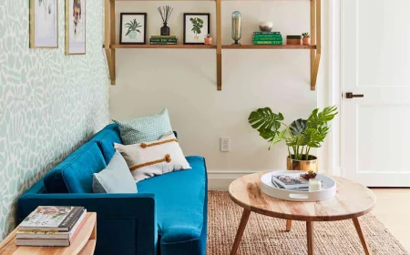 mietwohnung mit blauer couch, dekoriert mit büchern, bildern und blumen