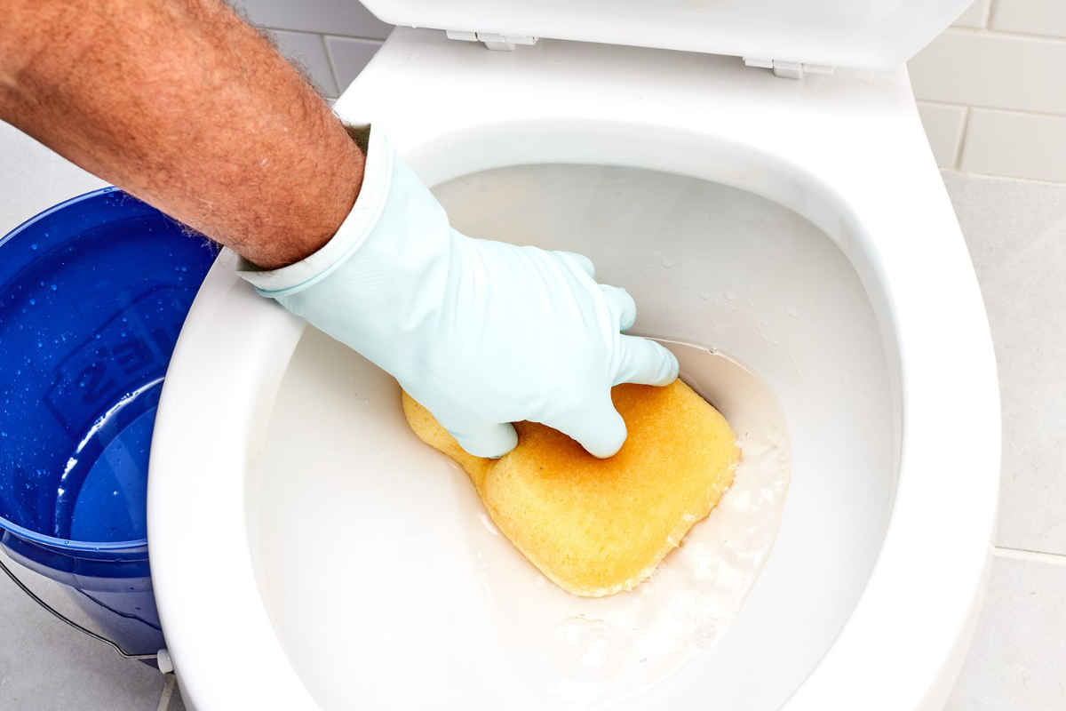 person mit blauen handschuhen reinigt weiße toilette mit gelbem schwamm