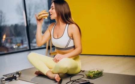 auf leeren magen trainieren frau isst hamburger beim training