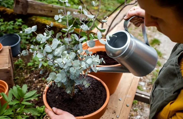 eukalyptus zimmerpflanze wie oft giessen wie bleibt eukalyptus gruen mann giesst eukalyptus im topf