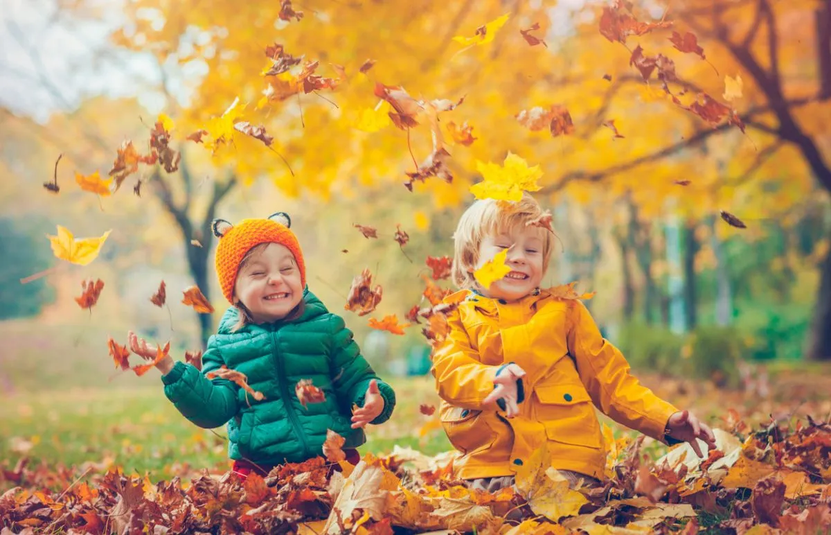 kinder spielen mit herbstblättern schönes wetter im september