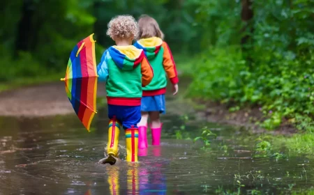 kinder spielen outdoor im regen bunte kleidung gummistiefel regenschirm