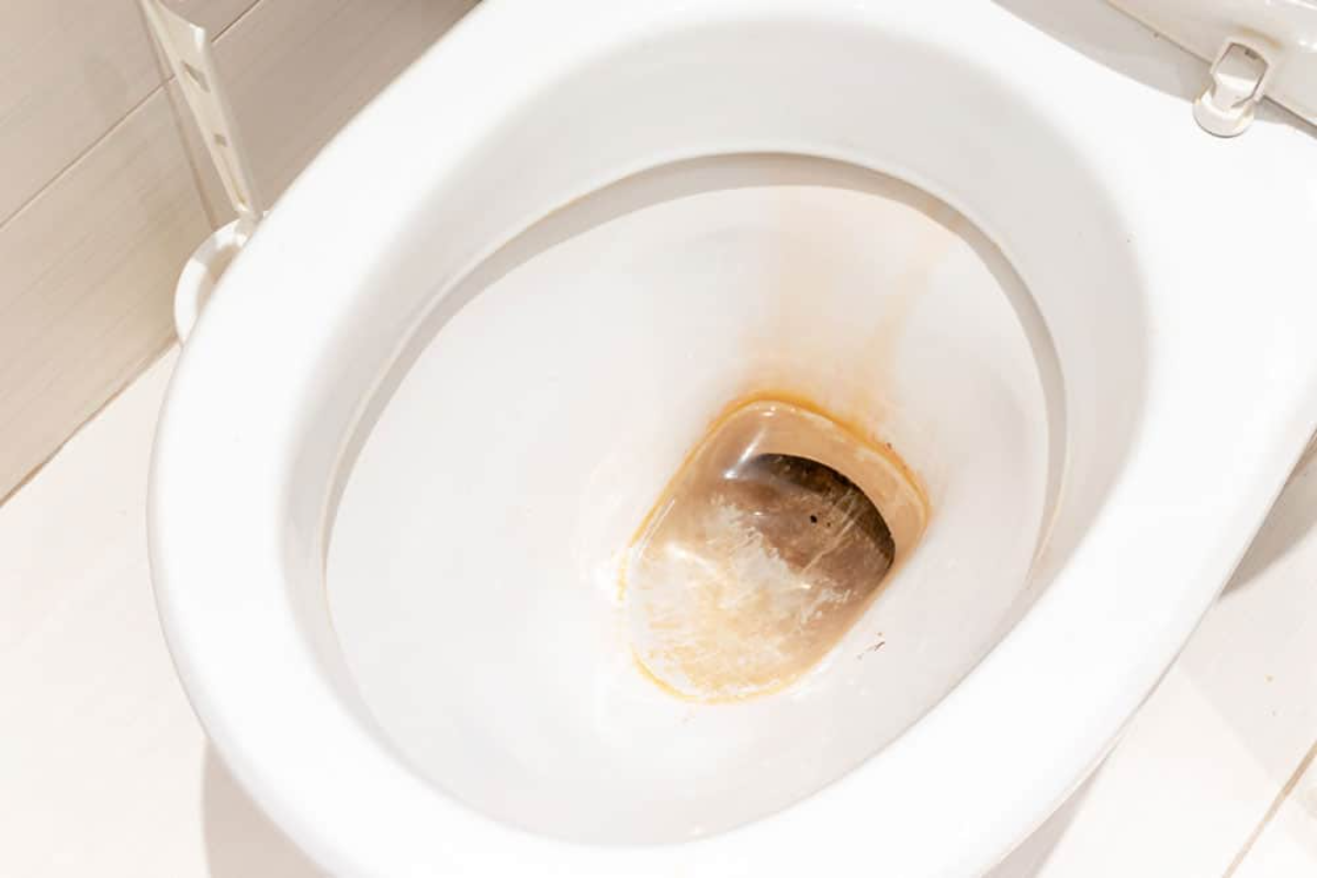 weiße toilette mit braunem urinstein