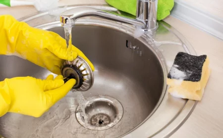 person mit gelben handschuhen beim reinigen von waschbeckenstöpseln