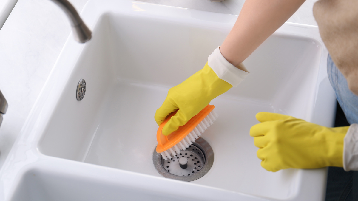 person mit gelben handschuhen, die den waschbeckenstöpsel mit einer orangefarbenen bürste reinigt