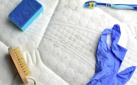 blauer handschuh und bürsten zum reinigen der weißen matratze von schimmel