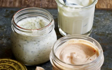drei verschiedene gläser mit selbstgemachter veganer mayonnaise