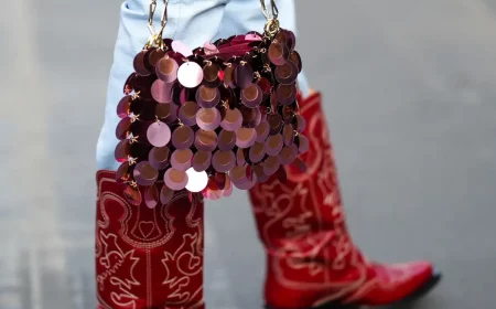 trends herbst winter 2022 2023 cowboy boots in rot mit gerade jeans und rote tasche mit pailleten