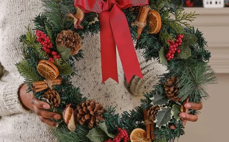 diy weihnachtskranz aus tannenzweigen mit rotem band zapfen zimtstangen orangenscheiben