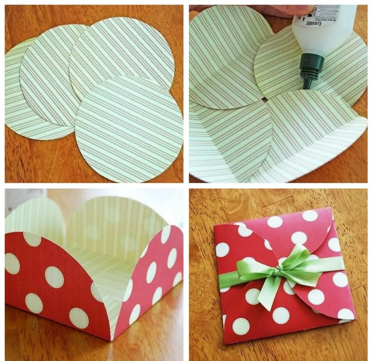 flache geschenkverpackung selber basteln vier kreise aus papier schneiden zusammenkleben
