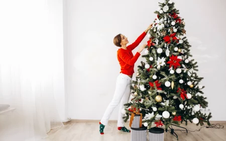 weihnachtlich dekorieren frau die weihnachtsbaum schmueckt